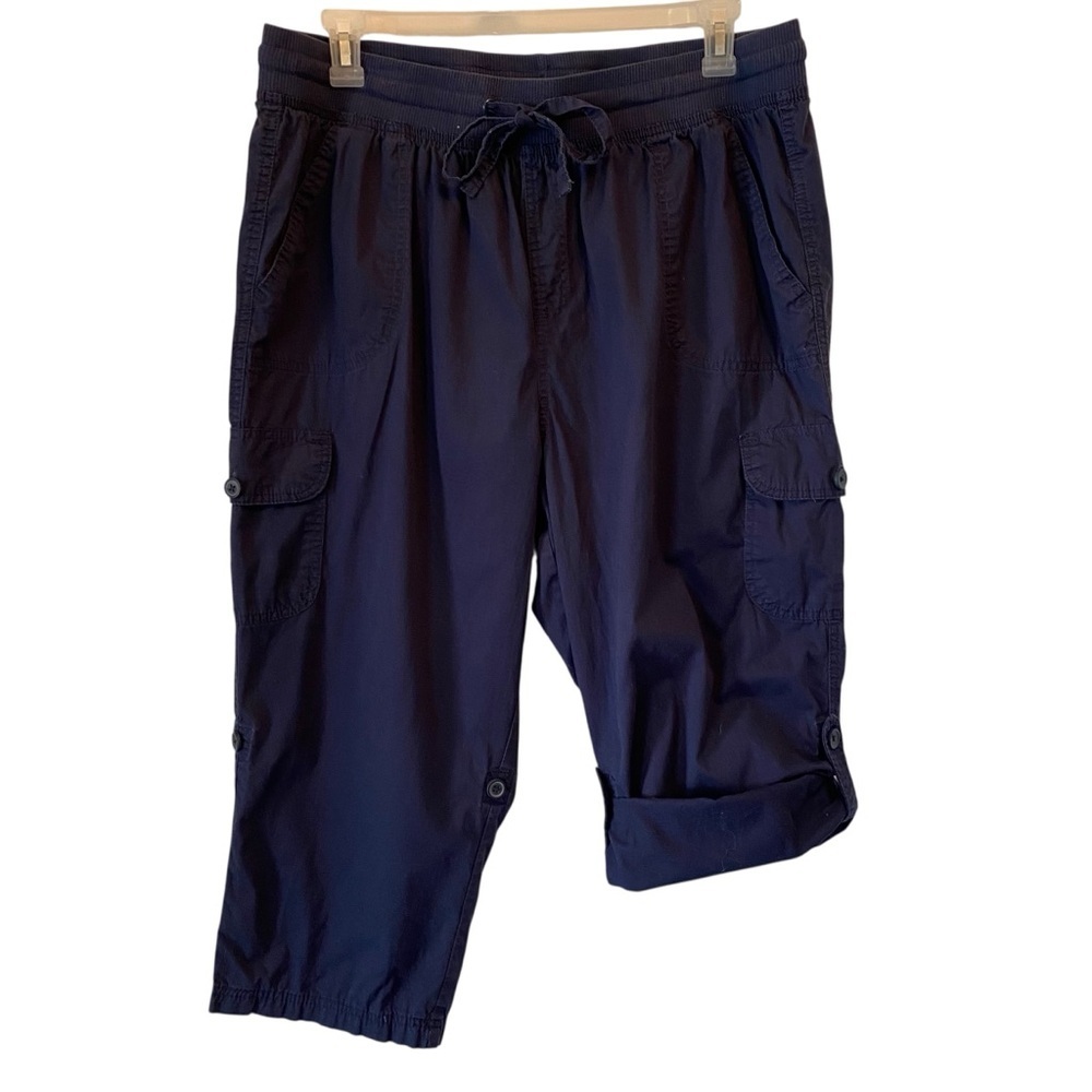 Woman Within plus size 18W Dark Blue Cargo Roll Tab pull on Capri's Pants